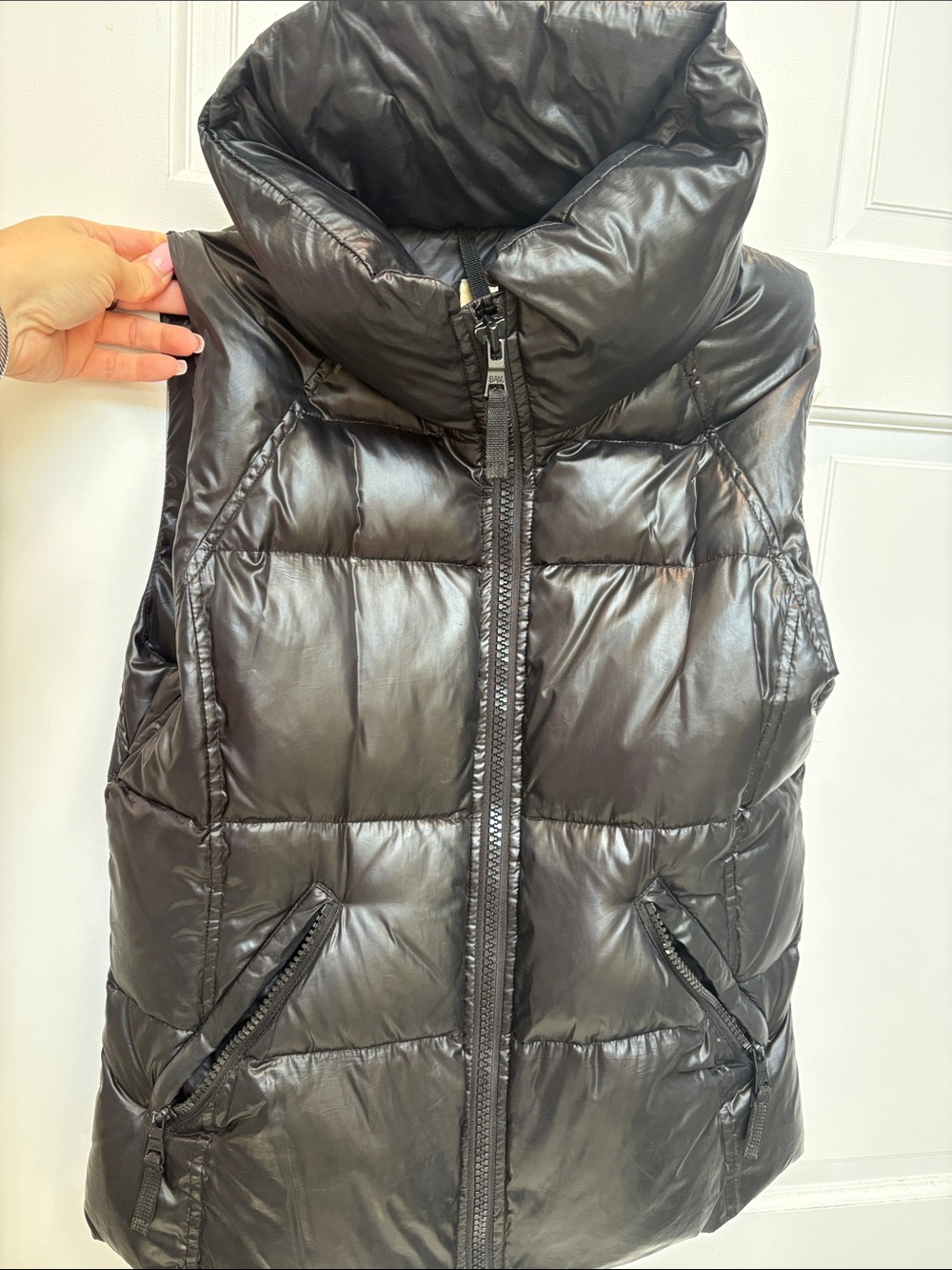 SAM. Shiny Black Quilted Puffer Vest with High Collar